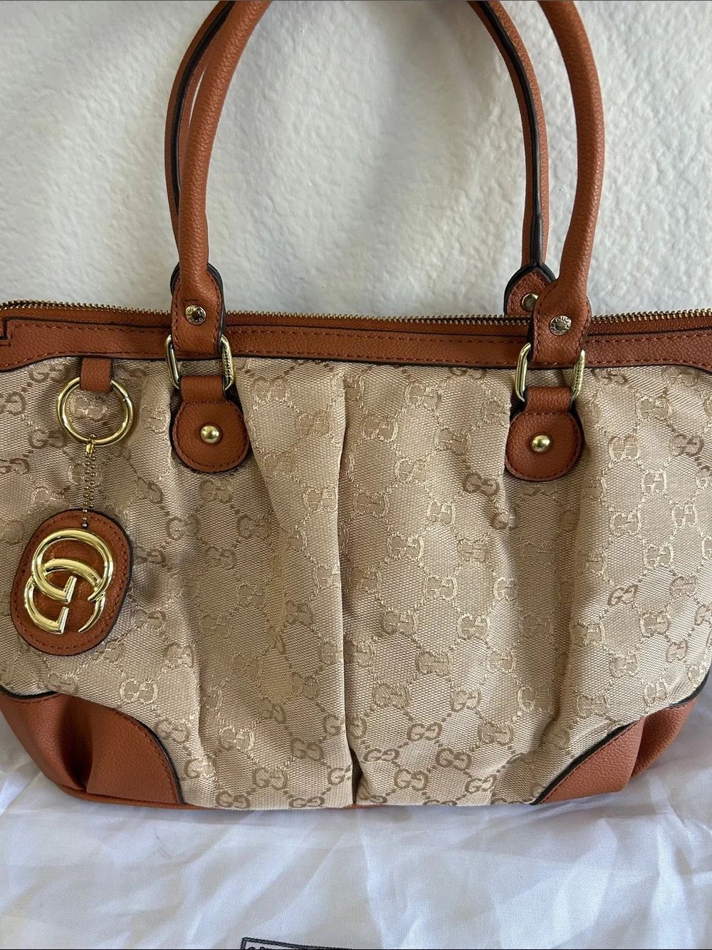 Beige Monogram Canvas Shoulder Bag with Brown Trim